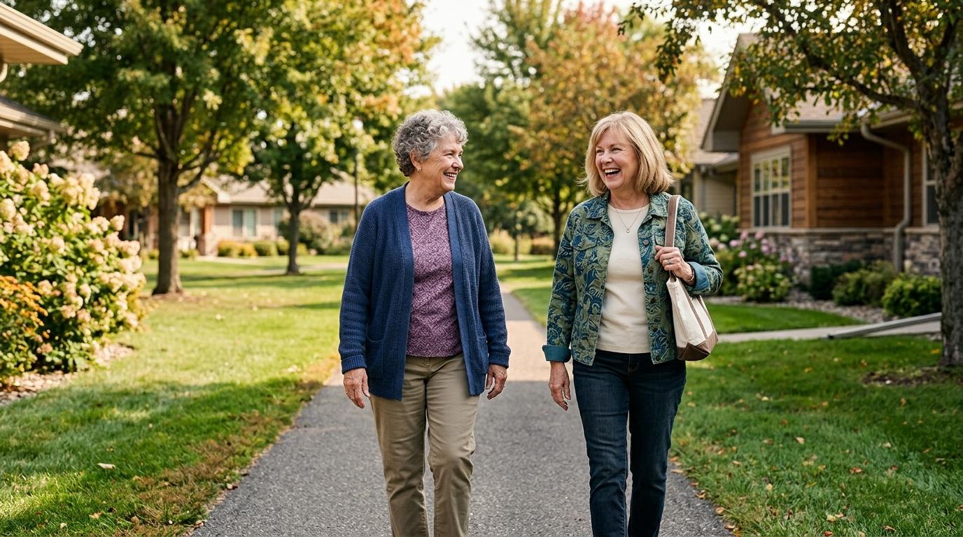 Smiling older adults enjoy an outdoor walk in an independent living community near Minneapolis-Saint Paul.