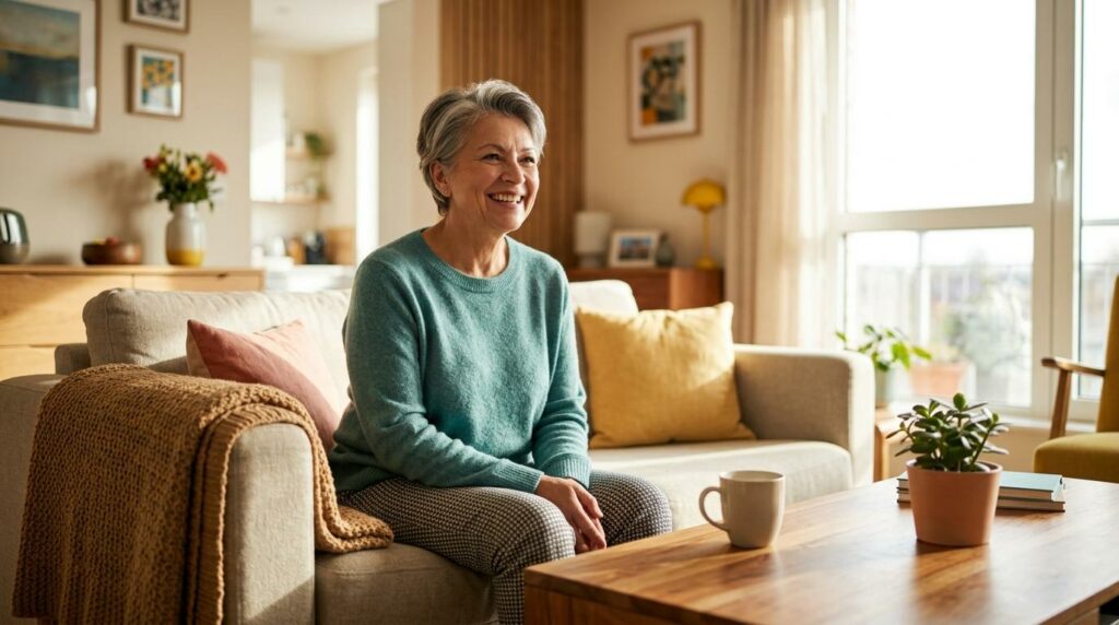 A smiling older adult reviews paperwork at a bright desk while planning a move to independent senior living.