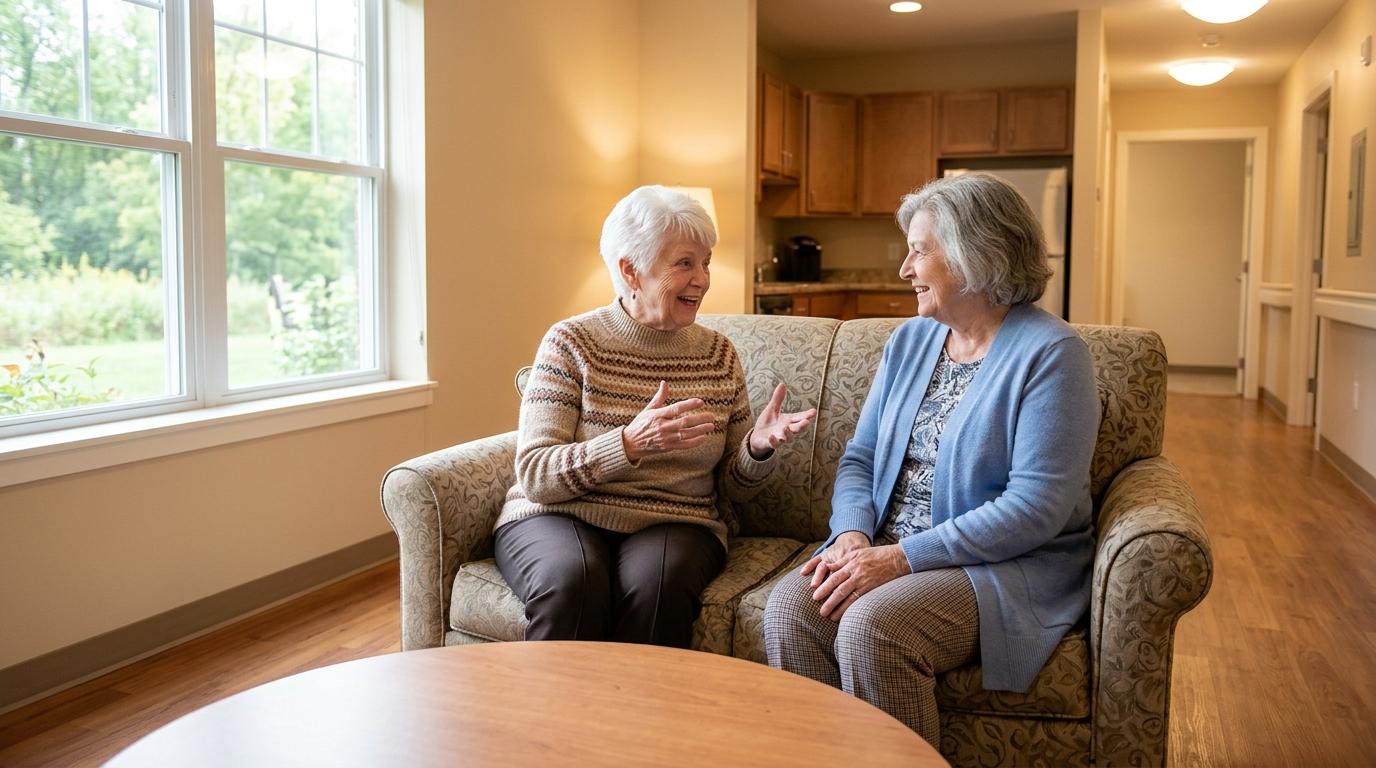 Smiling older adults settle into a cozy senior living apartment during their first months at Woodbury Senior Living.