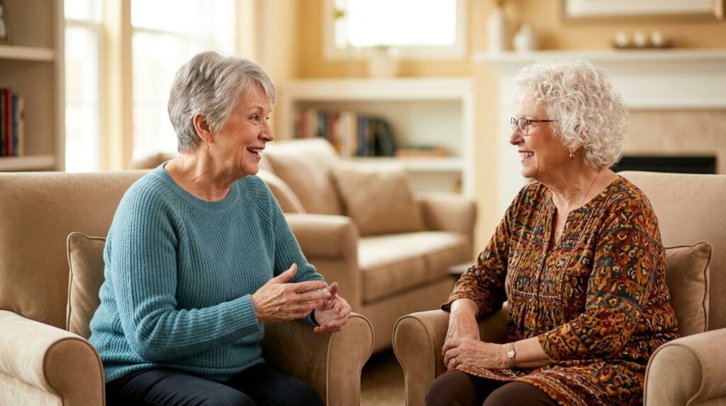 Smiling older adults enjoy a sunny morning at an independent senior living community near Minneapolis-Saint Paul.