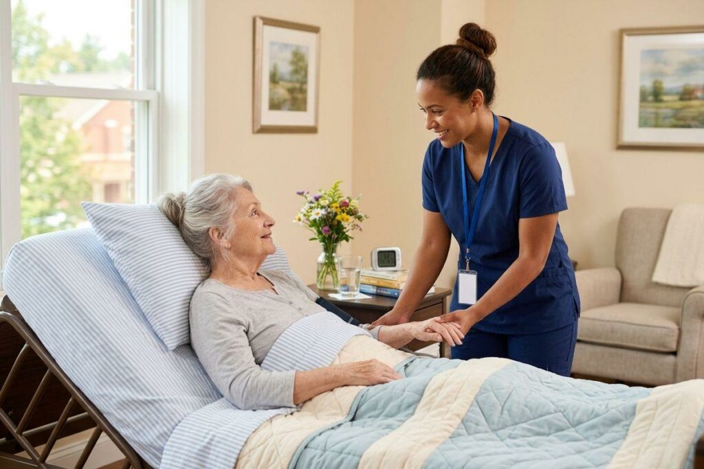 A smiling nurse in blue scrubs holds the hand of an older adult patient resting in a hospital bed set in a cozy senior living apartment.