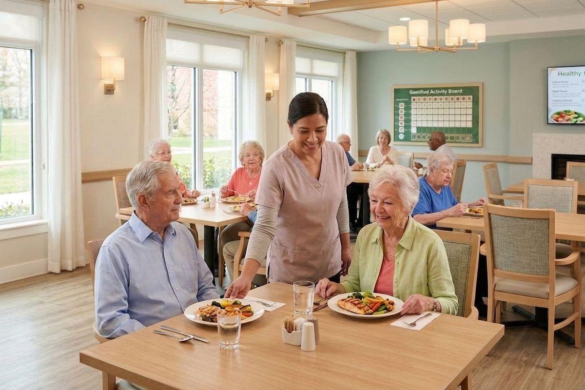 A smiling person in scrubs serves plates of food to older adults sitting at a table in a community dining room.