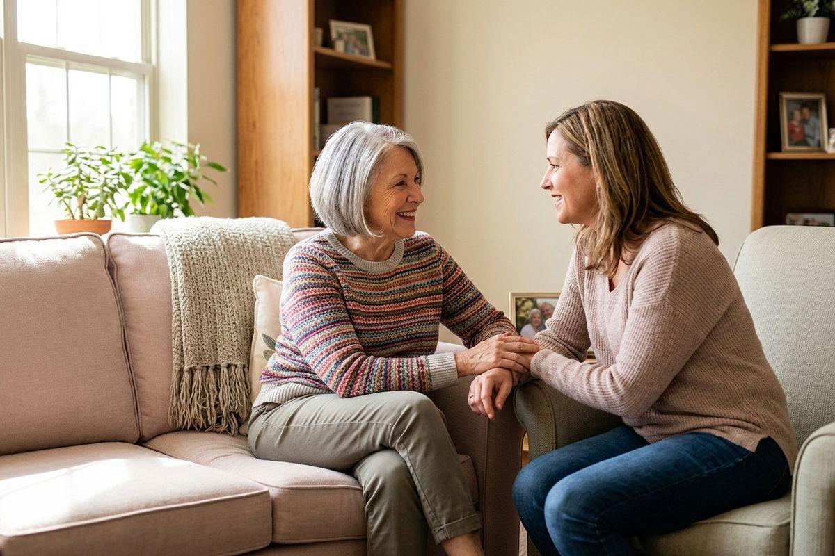 A woman and a senior with gray hair sit facing each other in a living room, holding hands.