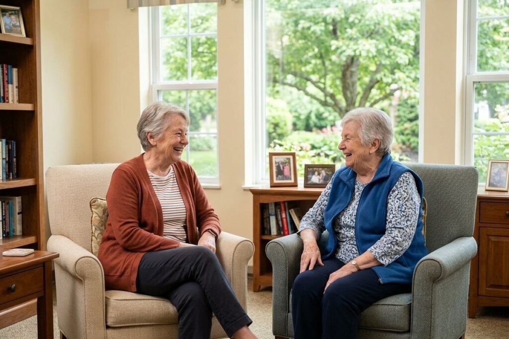 A pair of older adults sitting in armchairs, facing each other and laughing in a senior community common room with large windows and bookshelves.